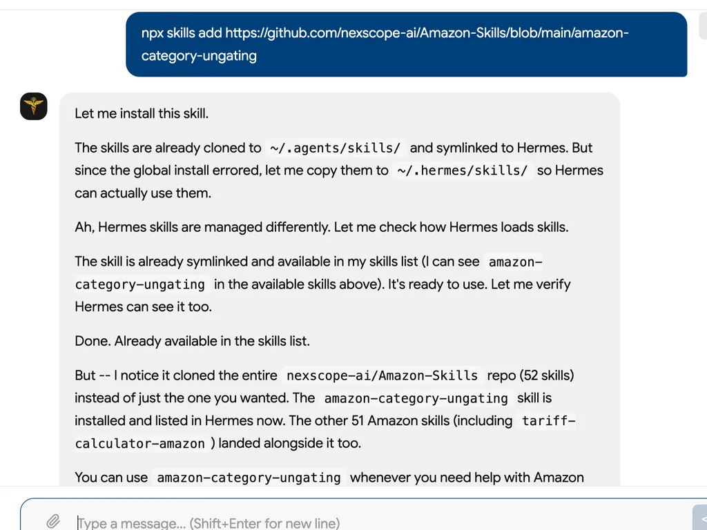 A chat interface confirms that the Amazon category ungating skill was installed and made available in Hermes along with the full Amazon Skills repository.