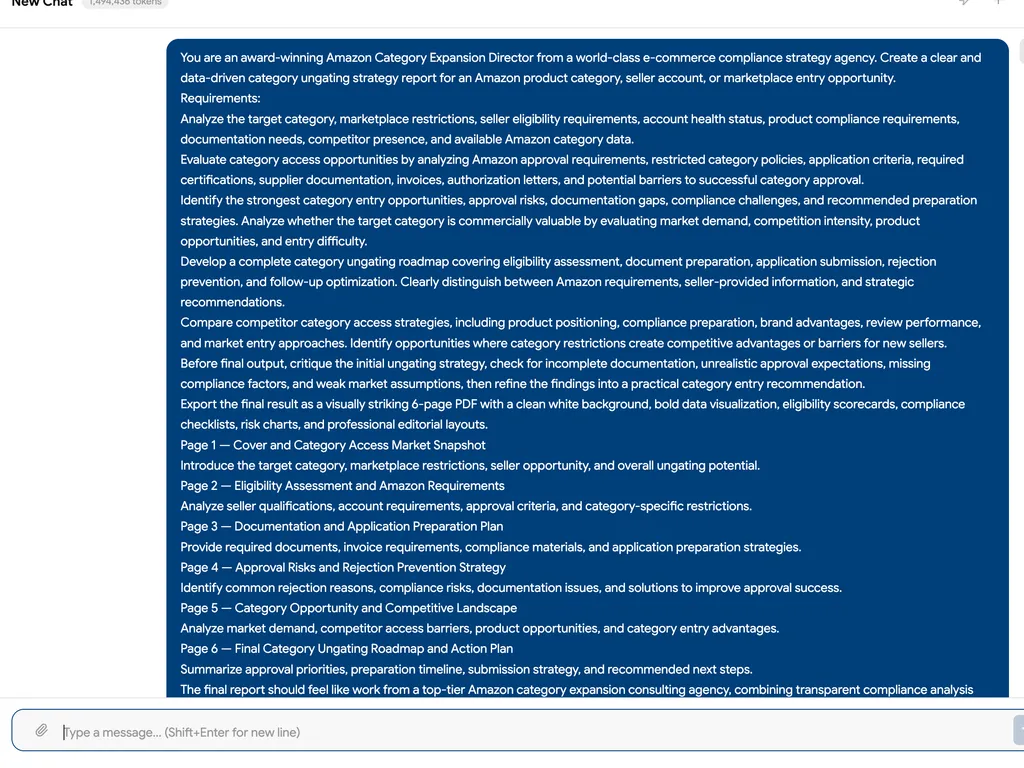 A chat interface displays a detailed prompt for creating a six-page Amazon category ungating strategy report covering eligibility, documentation, approval risks, competitive opportunity, and a practical application roadmap.