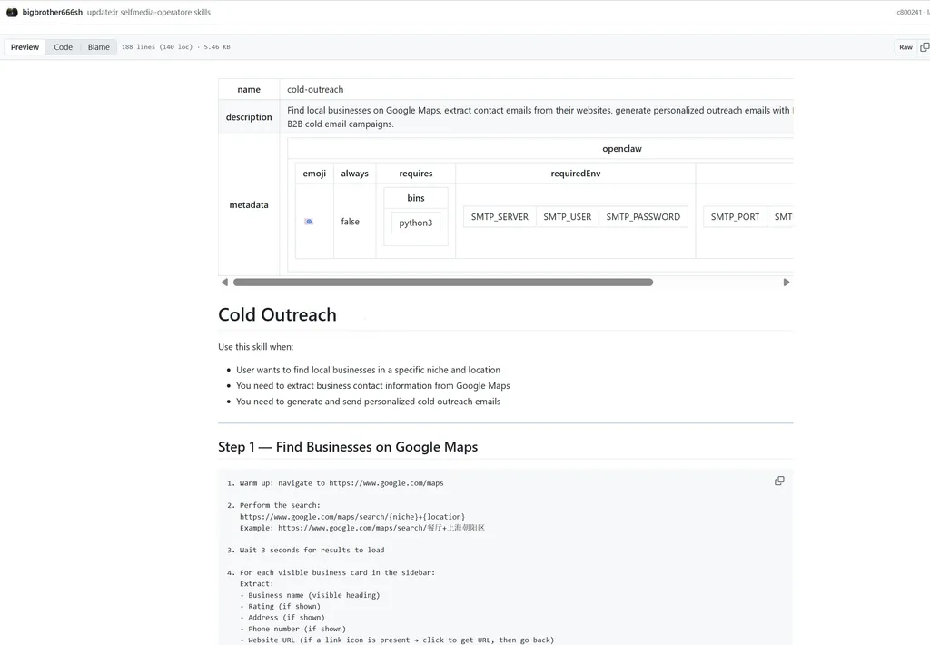 cold-outreach A screenshot of a GitHub documentation page describing a community-developed skill named
