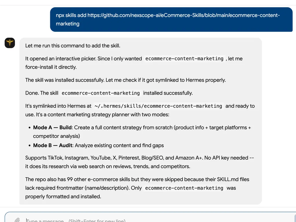 The screenshot shows the successful installation of the eCommerce Content Marketing skill, along with its key features and supported platforms.