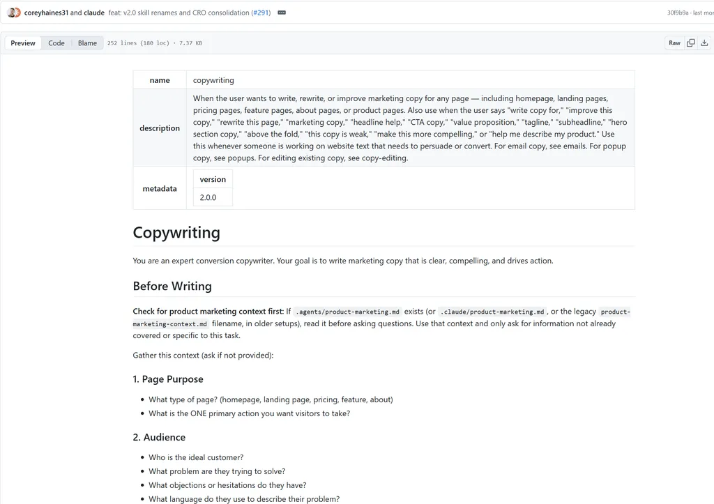 copywriting A screenshot of a GitHub documentation page describing a skill named