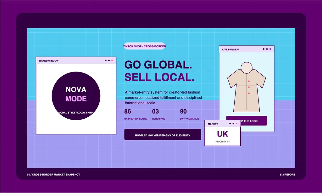 A vibrant cross-border strategy cover presents Nova Mode’s TikTok Shop expansion into the UK through creator-led fashion, localized selling, and a 90-day validation plan.cross-border-demo1