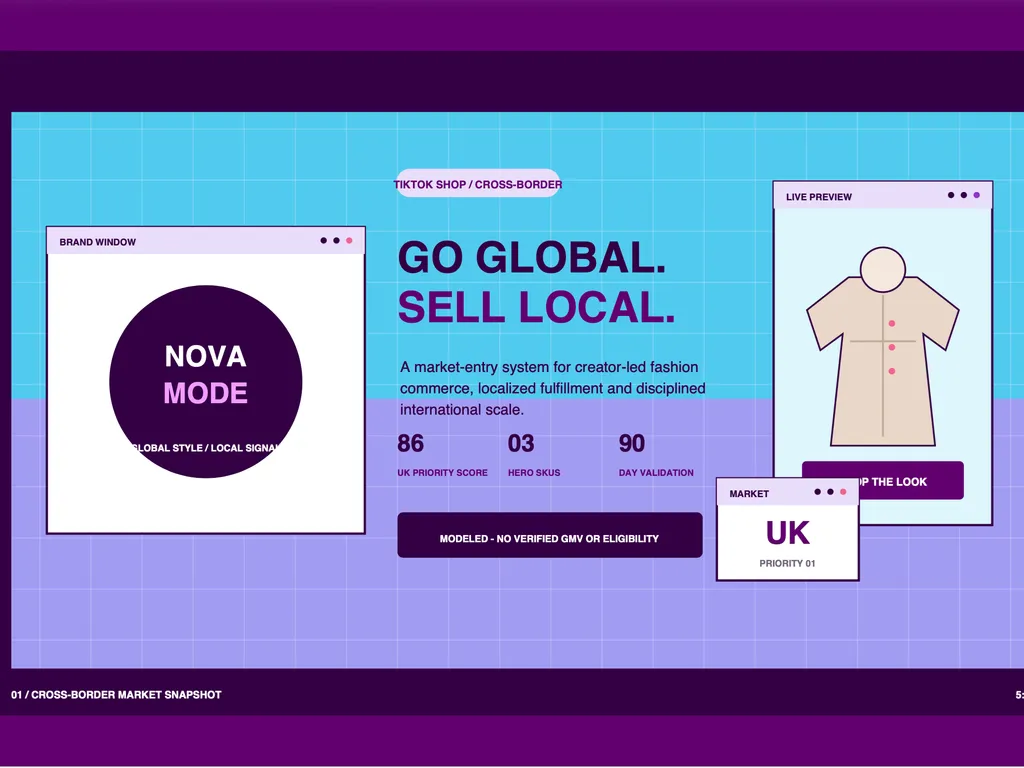 A vibrant cross-border strategy cover presents Nova Mode’s creator-led TikTok Shop expansion into the UK through localized products, fulfillment, and market validation.