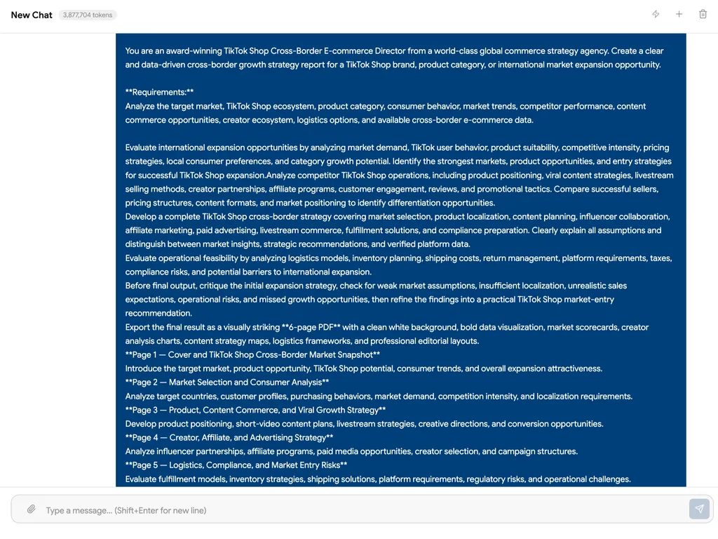 The screenshot shows a detailed prompt for creating a data-driven six-page TikTok Shop cross-border market entry and growth strategy report.