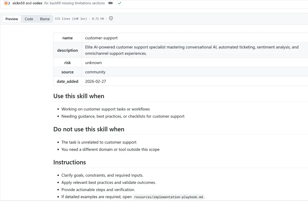 customer support A screenshot of a GitHub documentation page describing a skill named
