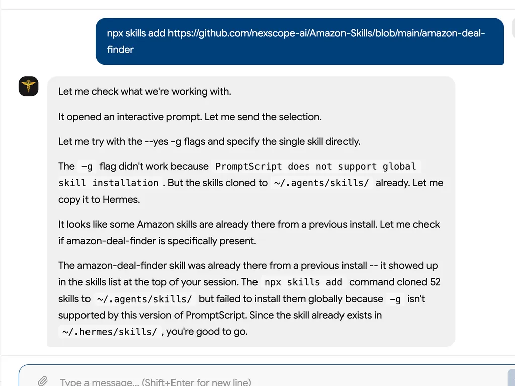 A screenshot confirming that the “amazon-deal-finder” skill was already installed and available in Hermes despite the unsupported global installation flag.