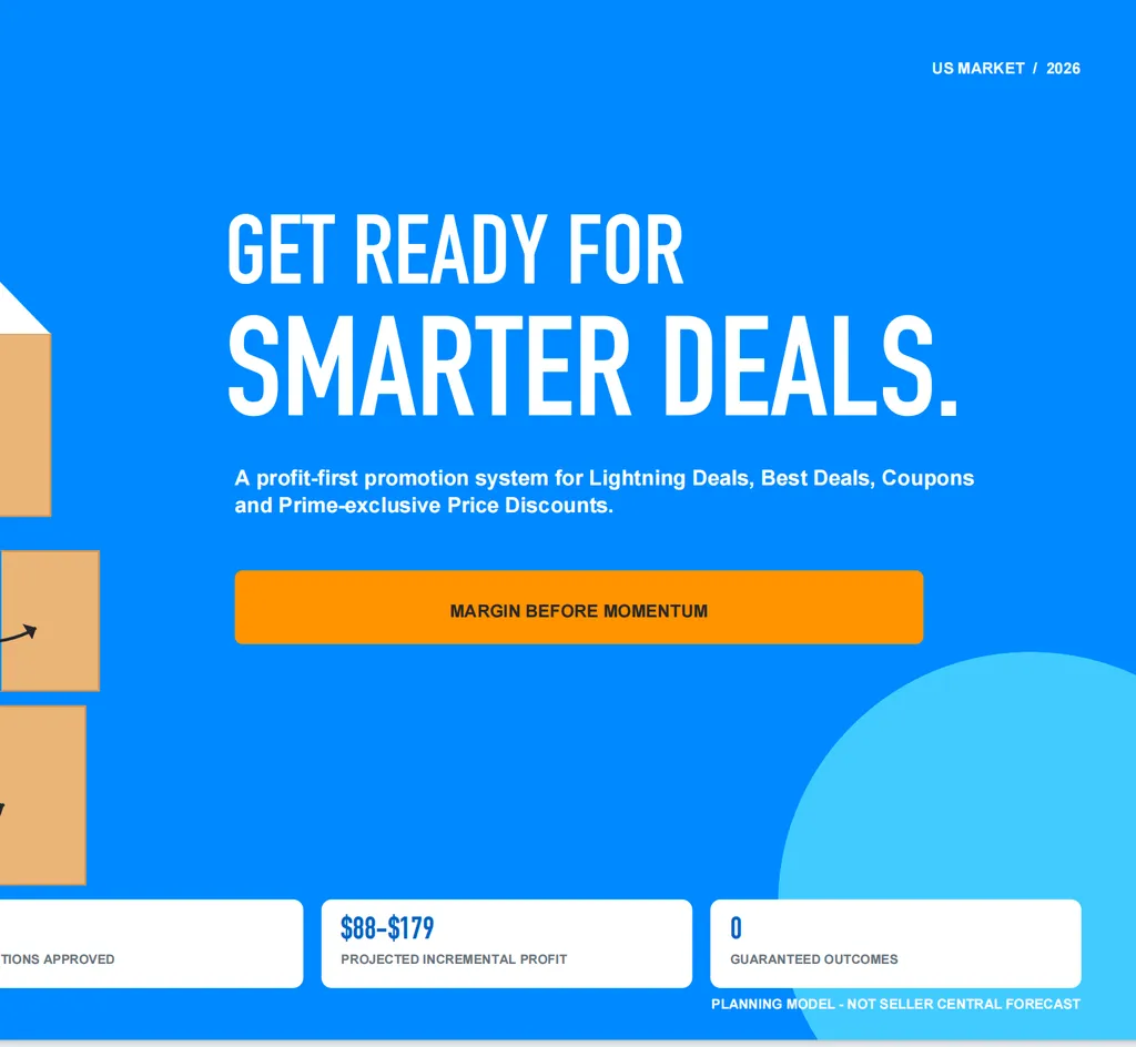 A bold blue cover for an Amazon deal strategy report promoting profit-first discounts, with projected incremental profit of $88–$179 and no guaranteed outcomes.