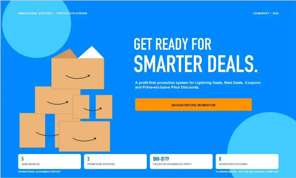 A bold blue Amazon deal strategy cover featuring five modeled ASINs, three approved promotions, and projected incremental profit of $88–$179.
