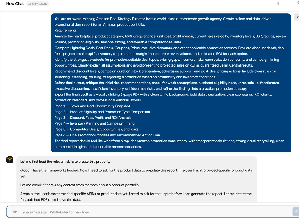 A screenshot showing an Amazon promotional deal strategy prompt and the assistant requesting specific ASIN and product data before creating the six-page report.