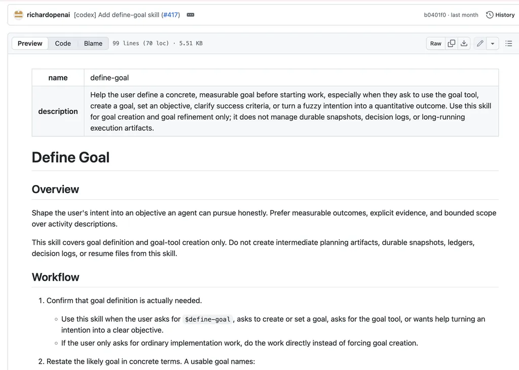 the screenshot of define goal skill in GitHub