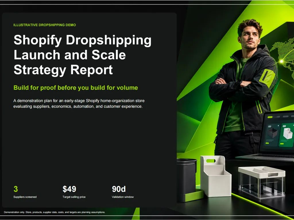 A bold Shopify dropshipping strategy cover highlighting three screened suppliers, a $49 target price, and a 90-day validation plan.