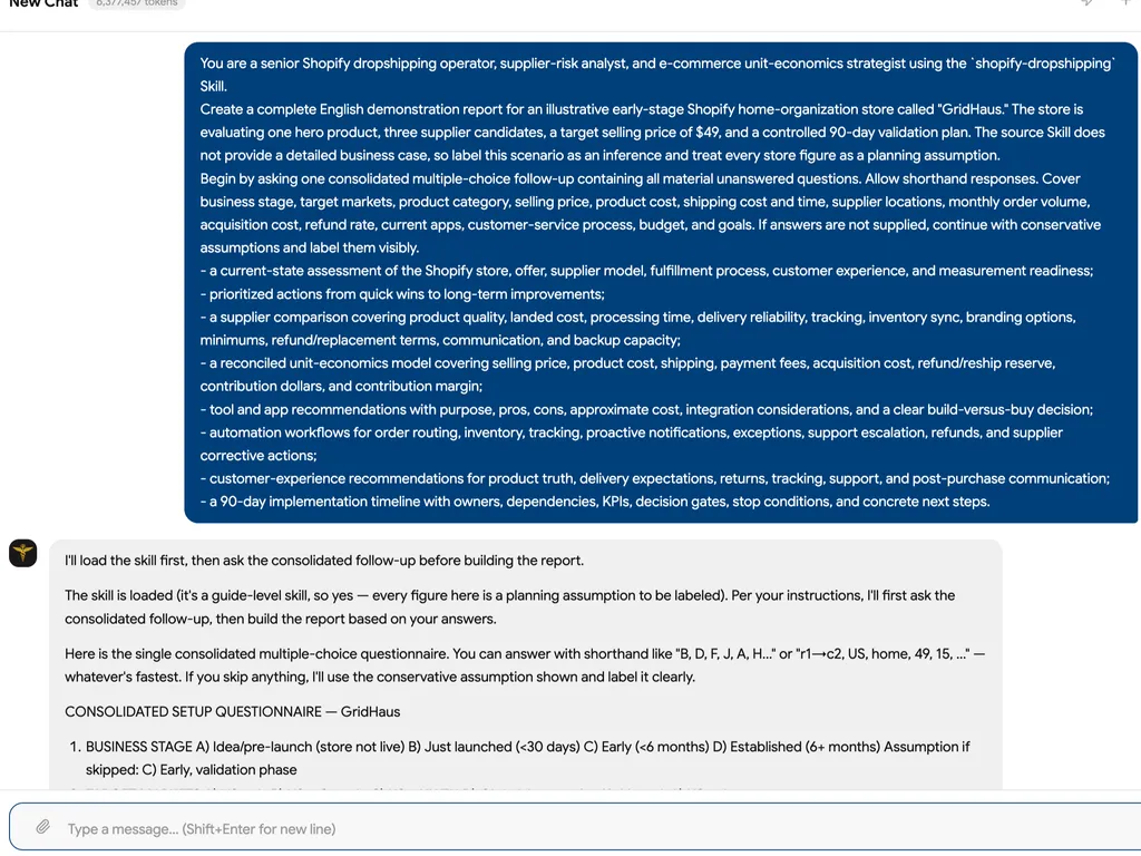 A detailed AI prompt for creating a comprehensive Shopify dropshipping strategy report covering supplier selection, unit economics, automation, customer experience, and a 90-day validation plan.