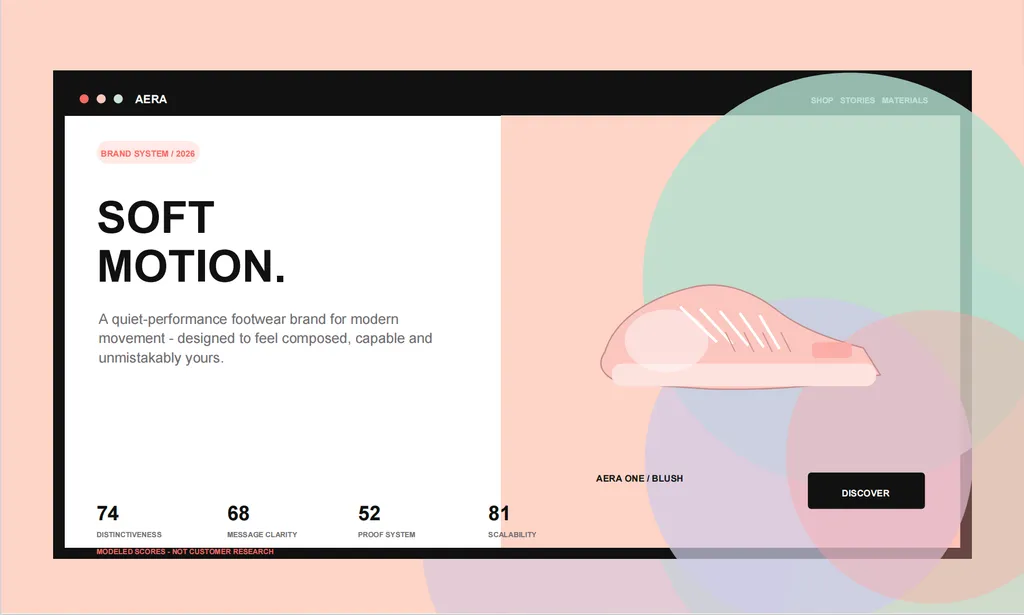 A sleek pastel brand strategy cover introduces AERA’s “Soft Motion” footwear concept with a minimalist product showcase and modeled brand performance scores.