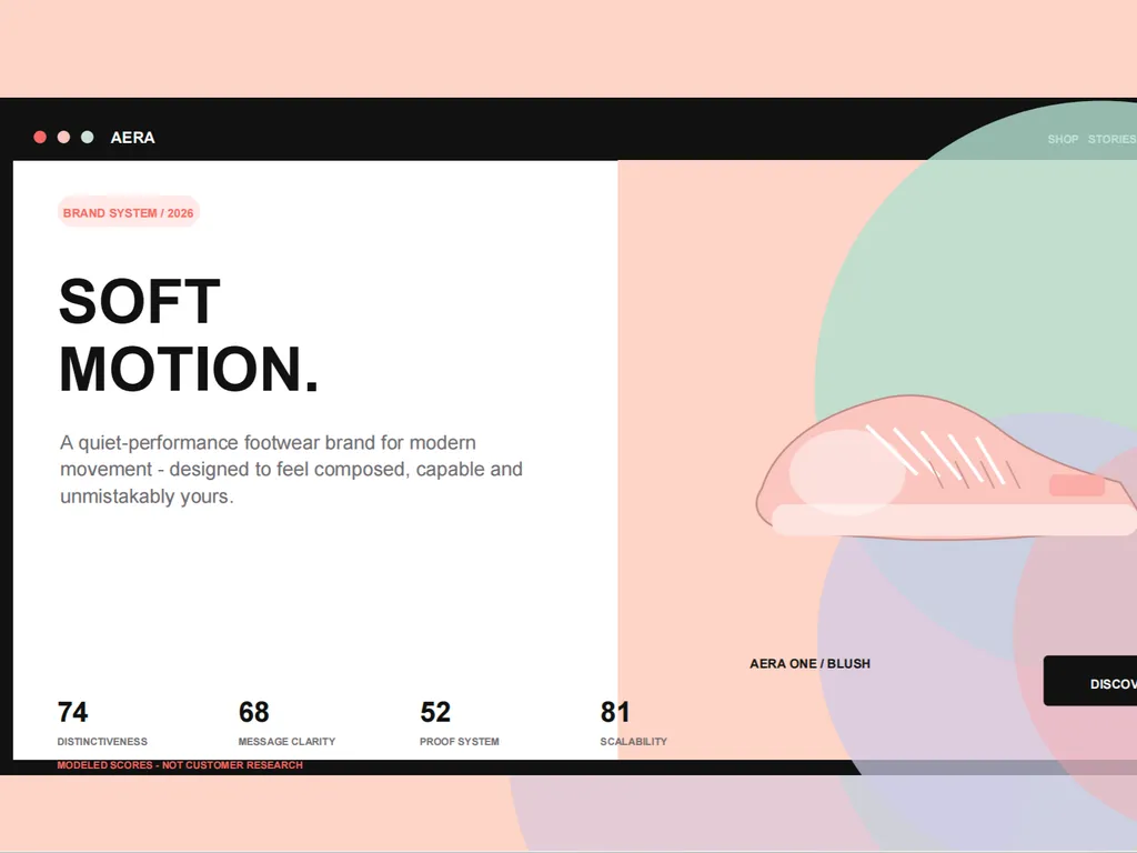 A soft, modern brand strategy cover introduces AERA’s “Soft Motion” footwear concept with pastel visuals and modeled brand performance scores.