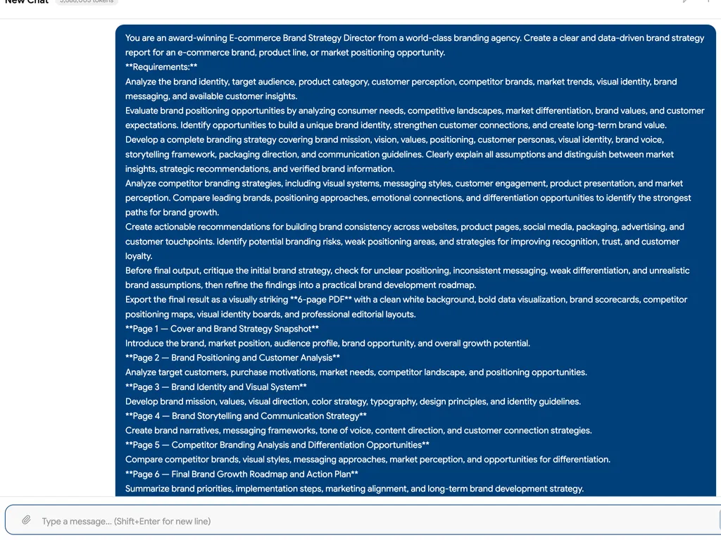 The screenshot shows a detailed prompt for creating a data-driven six-page e-commerce brand strategy and positioning report.