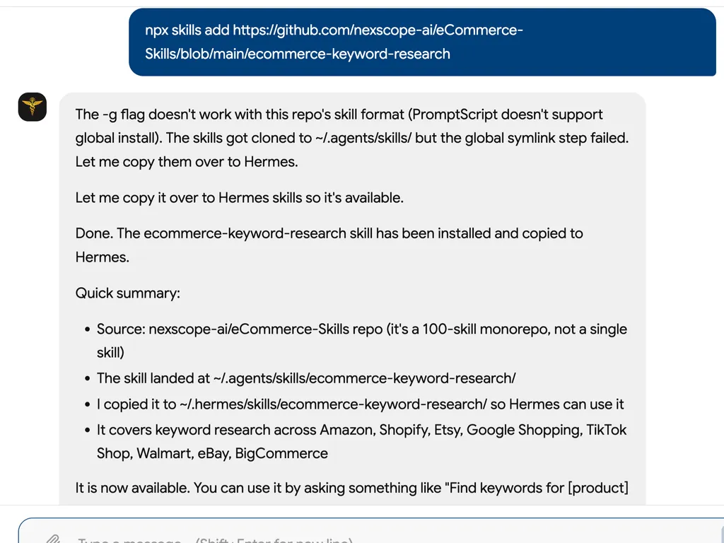 A chat interface confirms the successful installation of an e-commerce keyword research skill for multiple platforms, including Amazon, Shopify, Etsy, Walmart, and eBay.