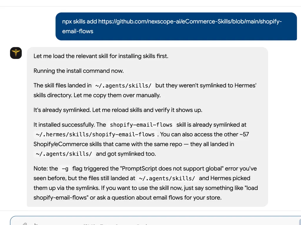 The screenshot confirms that the Shopify Email Flows skill was successfully installed and linked to Hermes Agent.