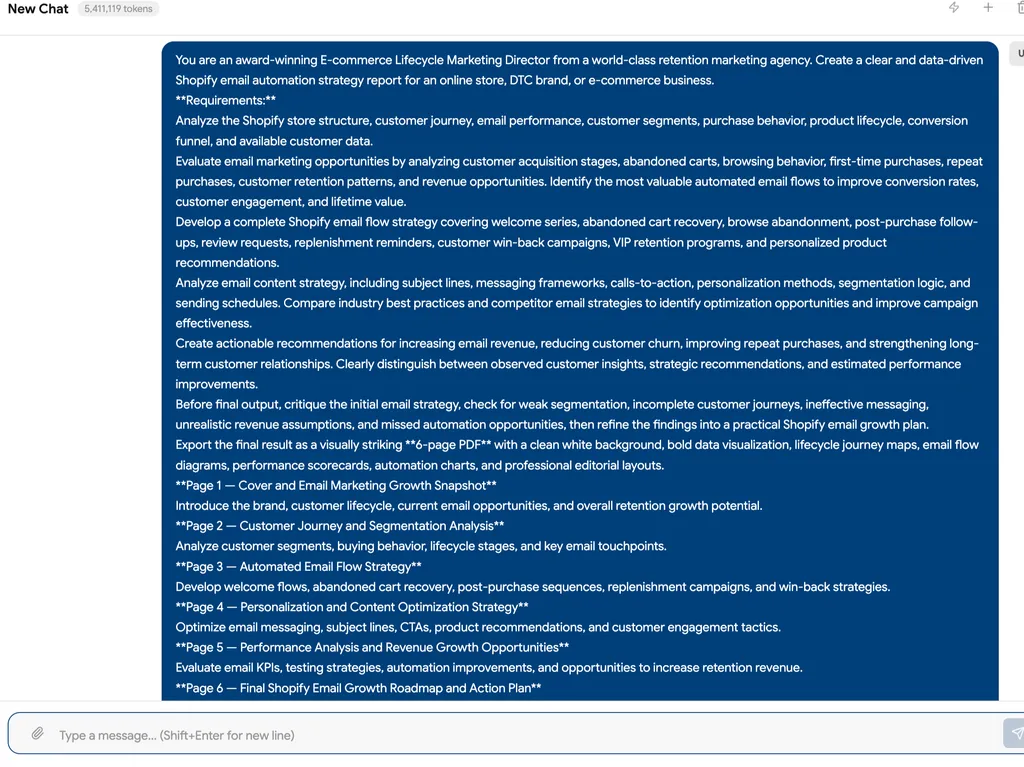 The screenshot shows a detailed prompt for creating a data-driven six-page Shopify email automation and lifecycle marketing strategy report.