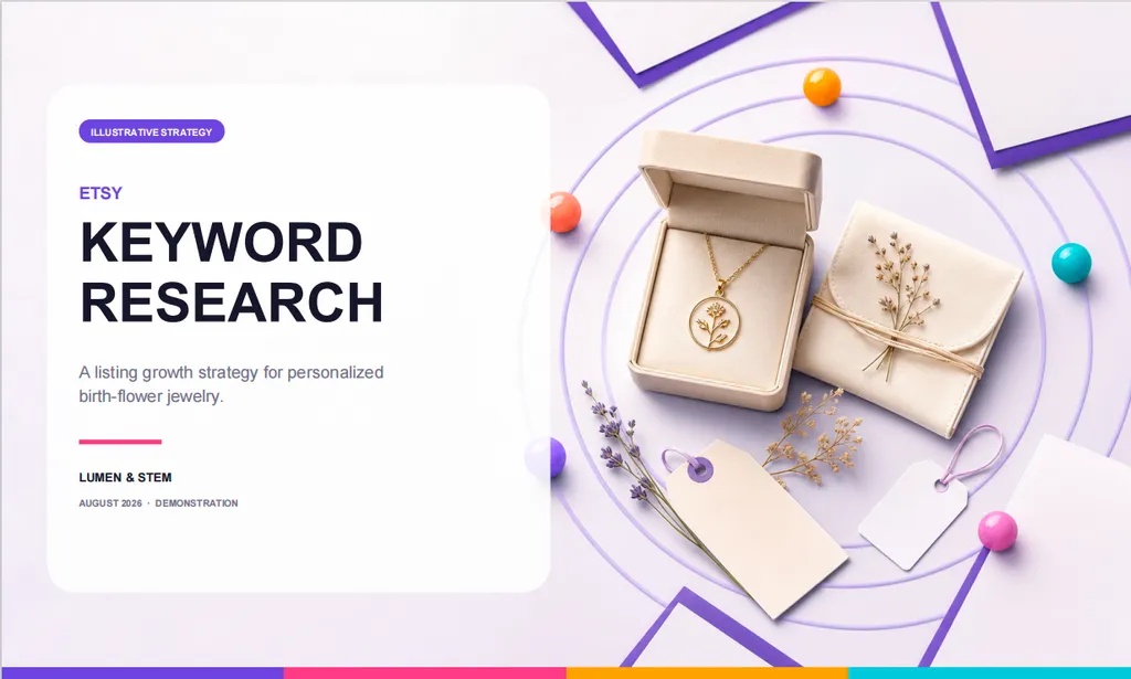 A pastel presentation cover introduces an Etsy keyword research strategy for personalized birth-flower jewelry.