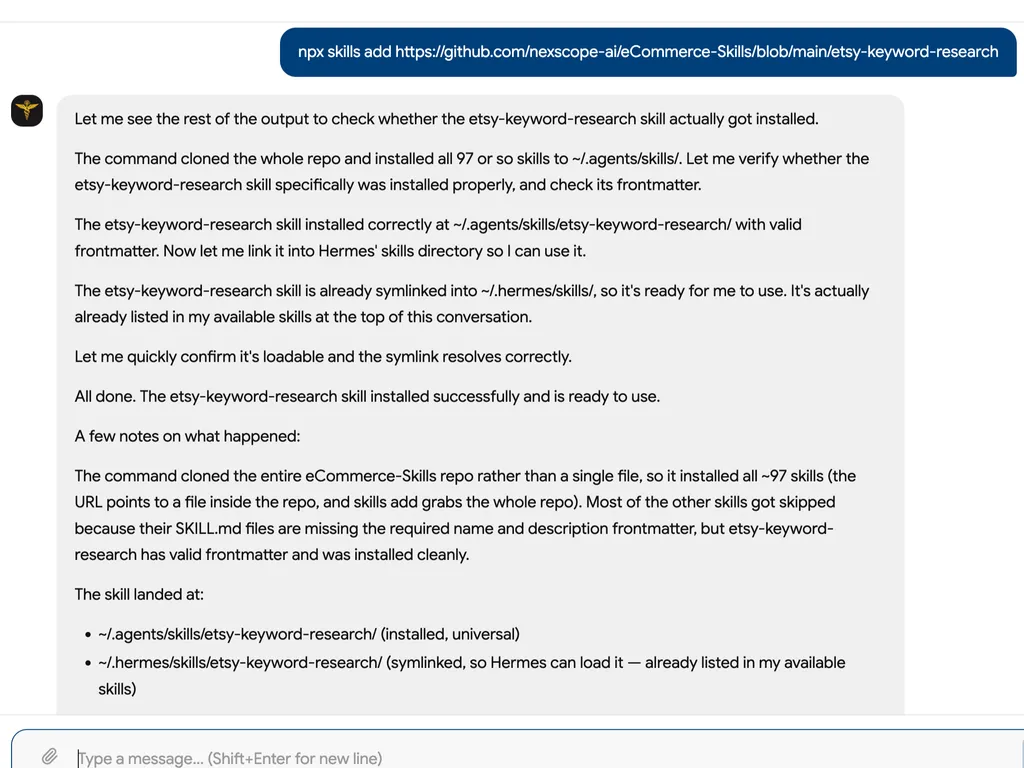 A chat screenshot confirms that the Etsy keyword research skill was installed, linked, and made ready for use.