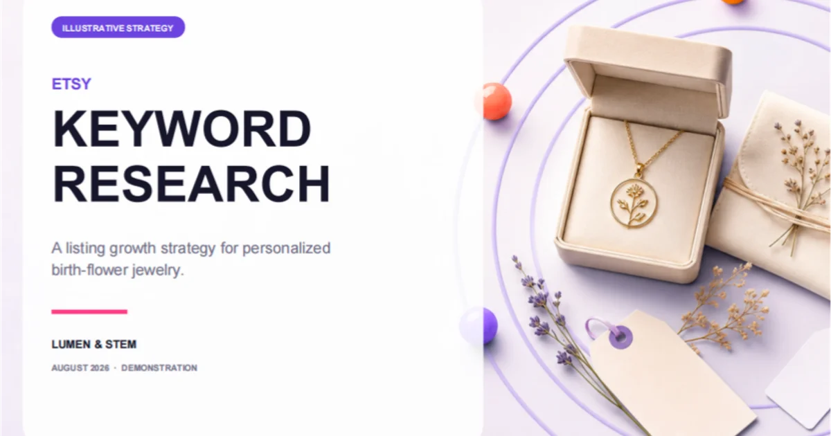 A report cover pairs an Etsy keyword research title with an elegant birth-flower necklace and botanical packaging.