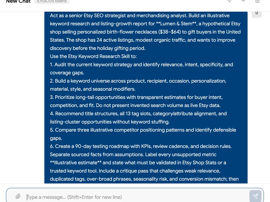 A chat screenshot shows a detailed request for an Etsy SEO and keyword growth strategy for a personalized jewelry shop.