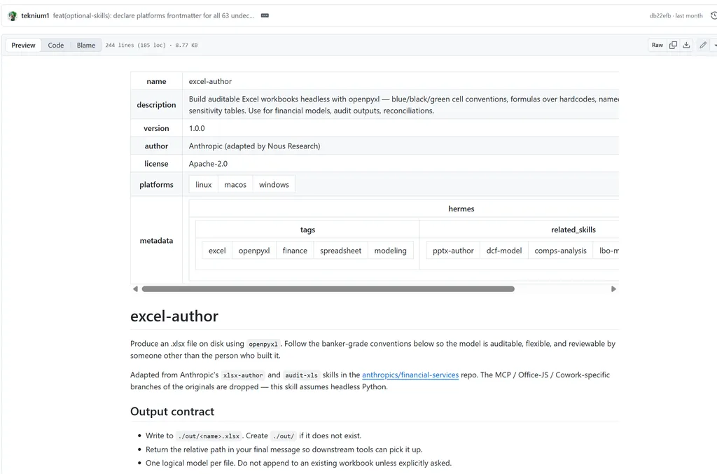 excel-author A screenshot of a GitHub documentation page describing a skill named