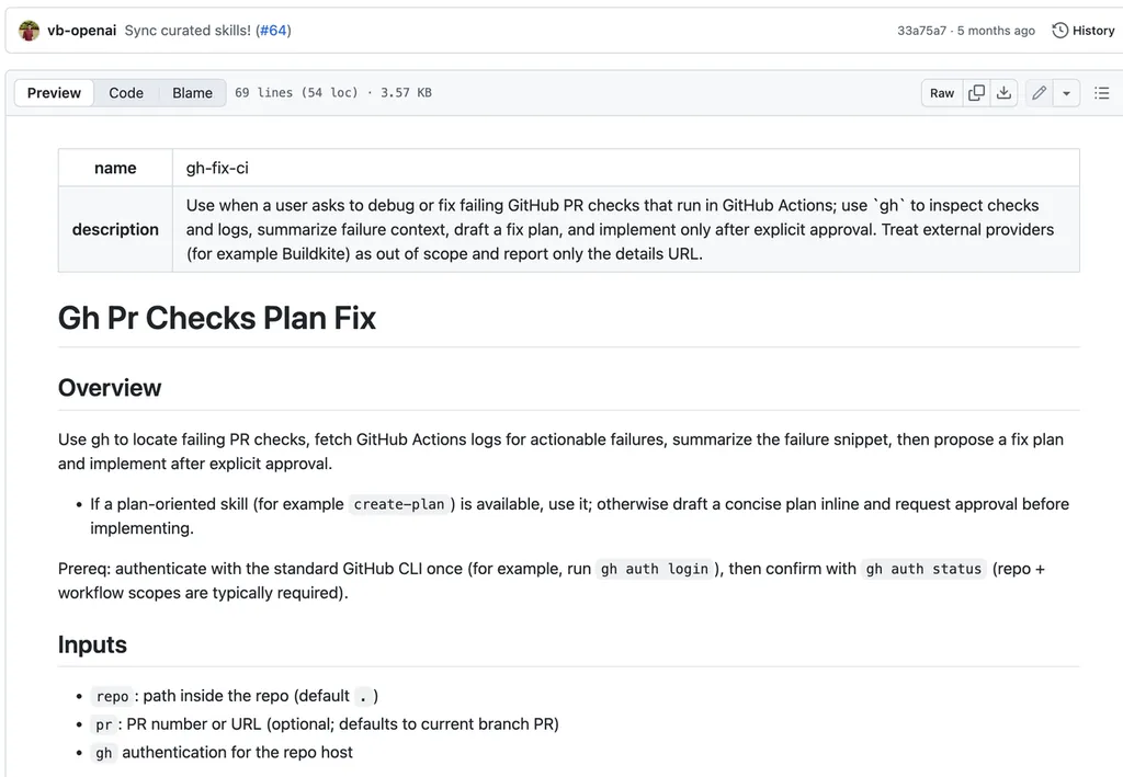 the screenshot of gh-fix-ci skill in GitHub