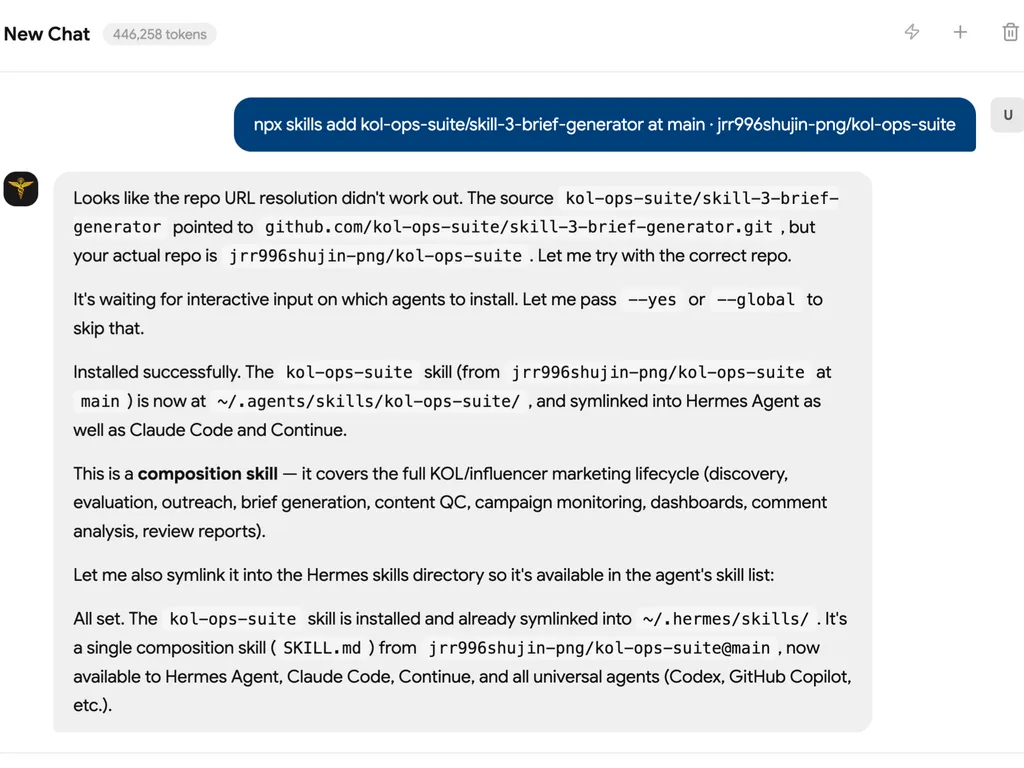 Screenshot of a chat interface showing a user running an npx skills add command to install the kol-ops-suite skill. The assistant explains that the repository URL was resolved incorrectly, retries with the correct repository, skips interactive installation prompts, and confirms that the skill was installed and linked to Hermes Agent, Claude Code, Continue, Codex, GitHub Copilot, and other supported agents.