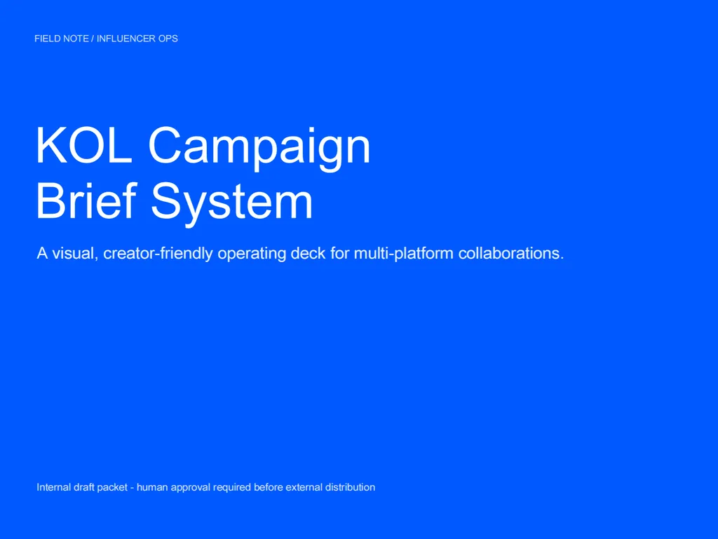 Minimal presentation cover with a bright blue background and white typography. The title reads “KOL Campaign Brief System,” with the subtitle “A visual, creator-friendly operating deck for multi-platform collaborations.” A small label at the top says “FIELD NOTE / INFLUENCER OPS,” and a footer notes that the document is an internal draft requiring human approval before external distribution.