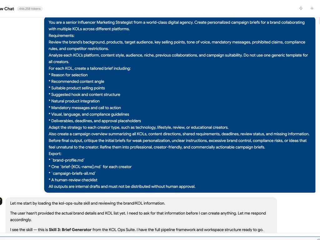 Screenshot of a chat interface showing a detailed prompt for an AI acting as a senior influencer marketing strategist. The prompt requests personalized campaign briefs for multiple KOLs, including creator-specific content angles, selling points, hooks, product integration, compliance guidance, deliverables, deadlines, and export files. Below, the assistant notes that the KOL Ops Suite Skill 3 brief generator has been loaded but that brand details and a KOL list are still required before proceeding.