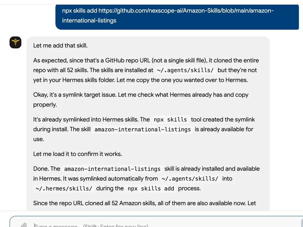 A chat interface confirms that the Amazon international listings skill was successfully installed and made available in Hermes along with the full suite of Amazon seller skills.