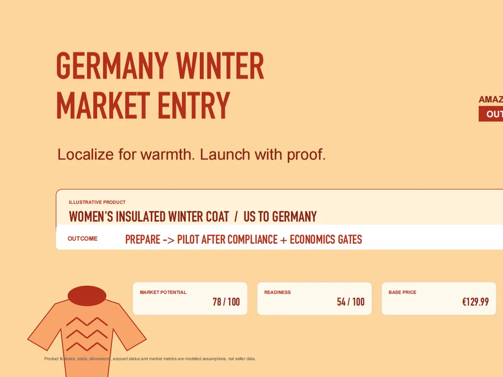 A warm-toned market entry report cover presents a U.S.-to-Germany launch strategy for a women’s insulated winter coat, highlighting market potential, readiness, pricing, and compliance considerations.