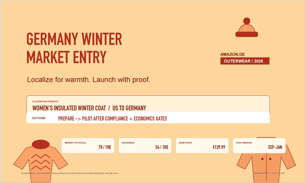 A warm-toned Amazon.de market entry report cover outlines a 2026 U.S.-to-Germany launch strategy for a women’s insulated winter coat, highlighting market potential, readiness, pricing, and the September-to-January peak season.
