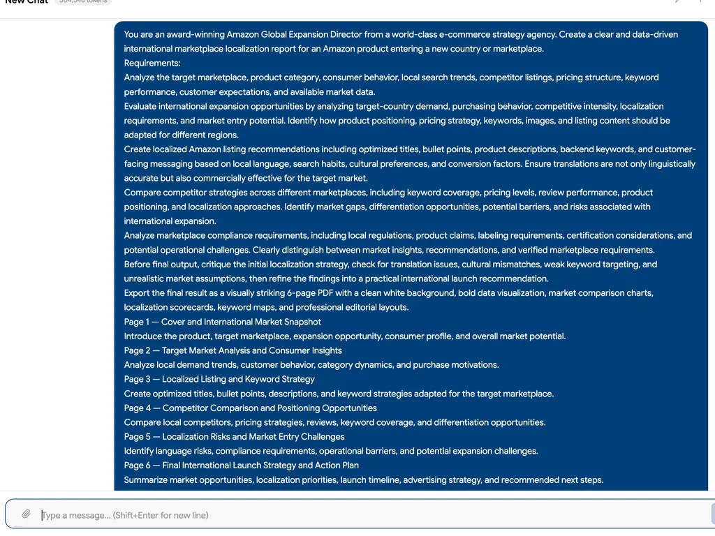 A chat interface displays a detailed prompt for creating a six-page, data-driven Amazon international marketplace localization and expansion strategy report.