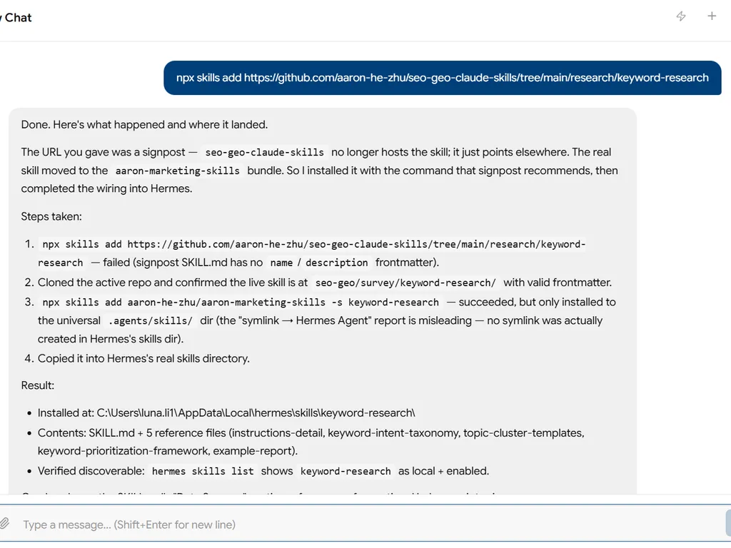 a simple demonstration of the first step in using Keyword Research Skill