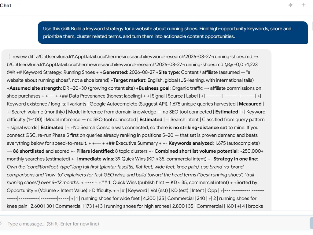 a simple demonstration of the second step in using Keyword Research Skill