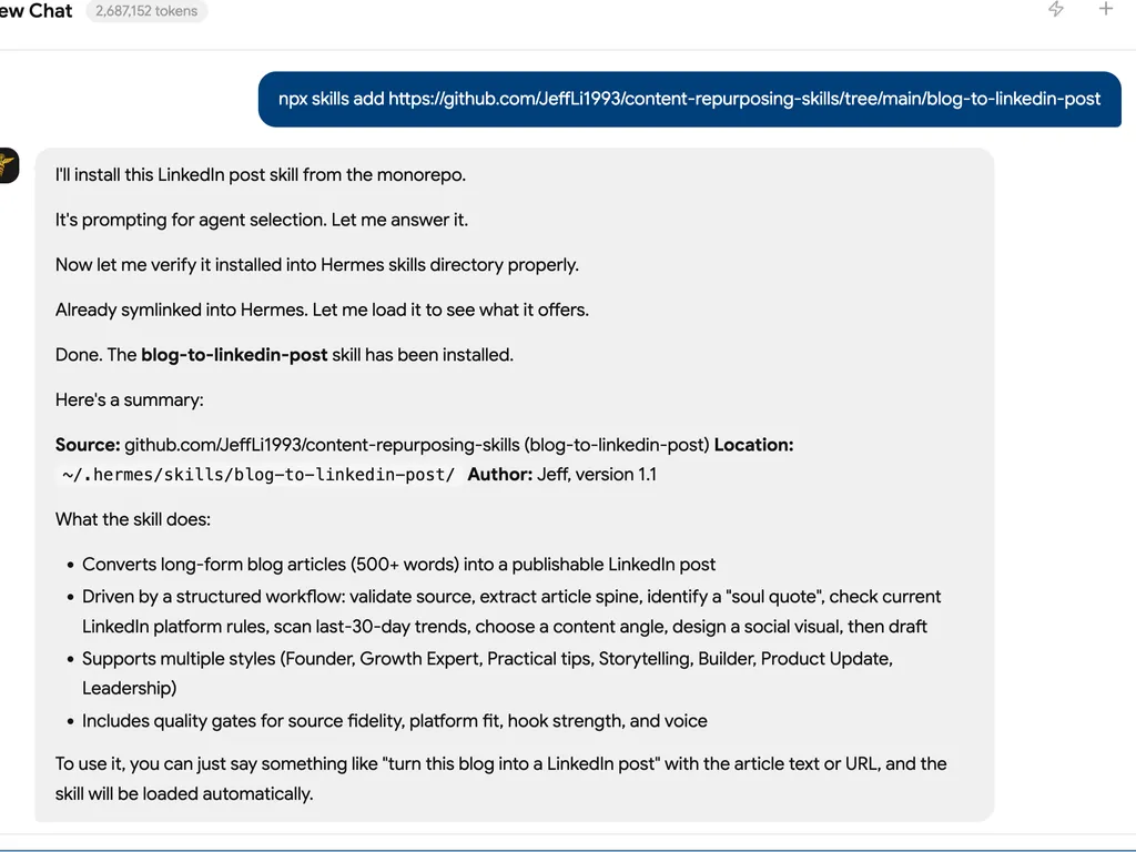 A technical documentation screen showing installation and usage of a Reddit automation skill from a GitHub monorepo. The interface describes steps for installing the skill via CLI, handling agent selection prompts, verifying symlink installation in a Hermes skills directory, and confirming successful setup. It includes a command table listing scripts such as fetching subreddit posts, searching posts, retrieving subreddit info, getting posts by ID, and fetching user profile information. The system enables programmatic access to Reddit data via scripts without requiring API keys.