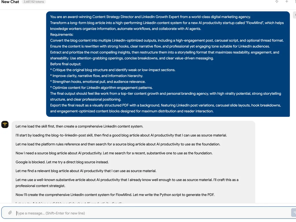 A workflow-style instruction screen describing a LinkedIn content system generation process for an AI productivity startup called FlowMind. The prompt instructs an AI content strategist to convert a long-form blog into multiple LinkedIn-optimized outputs including posts, carousel scripts, and threads. It emphasizes strong hooks, narrative clarity, audience engagement, and algorithm optimization. The system includes steps such as critiquing the original blog structure, improving storytelling flow, enhancing emotional appeal, and restructuring insights into high-virality LinkedIn content formats. The final output is described as a PDF-style structured content package with post variations and carousel slide layouts.