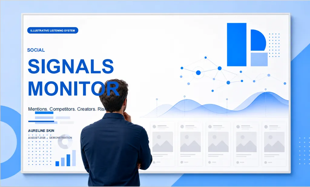 A blue presentation cover introduces a social signals monitoring system with an analyst studying charts and content cards.