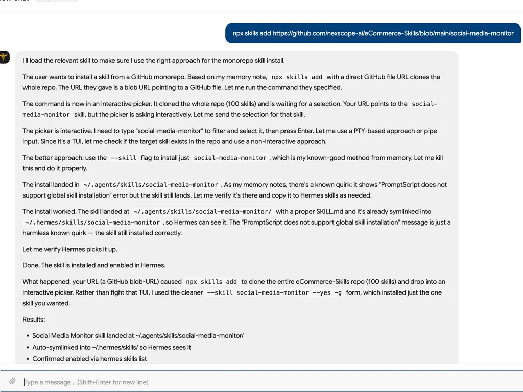 A chat screenshot confirms successful installation and activation of the social media monitoring skill.