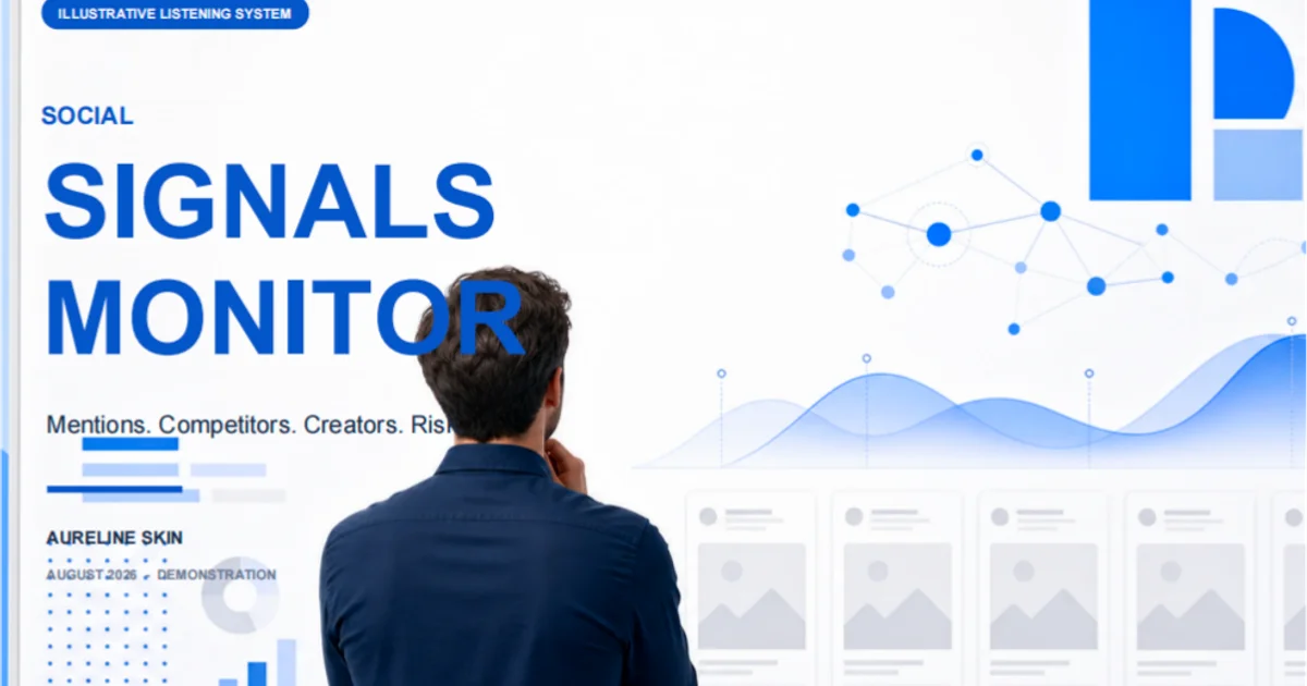 A blue social signals report cover shows an analyst examining a dashboard of trends, networks, and content.