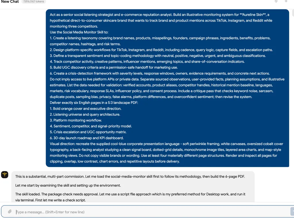 A chat screenshot contains a detailed request for a six-page social listening and reputation monitoring system for a skincare brand.