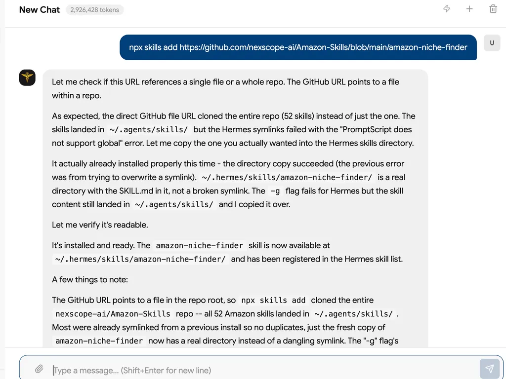 Screenshot of an AI chat interface showing the installation of the Amazon Niche Finder skill from Nexscope's Amazon-Skills GitHub repository. At the top, a dark blue user message contains the command 'npx skills add https://github.com/nexscope-ai/Amazon-Skills/blob/main/amazon-niche-finder.' Below, a large light-gray assistant response explains that the GitHub link points to a file within a repository and that the installation command cloned the entire repository containing 52 skills rather than only the requested skill. It notes that the skills were placed in '~/.agents/skills/' but the Hermes symlink process initially failed with a 'PromptScript does not support global' error. The response then explains that the requested 'amazon-niche-finder' skill was successfully copied into the Hermes skills directory, verified as readable, registered in the Hermes skill list, and made available at '~/.hermes/skills/amazon-niche-finder/'. Additional notes clarify that most of the other Amazon skills were already linked from a previous installation and that the requested skill now uses a real directory rather than a dangling symlink. The interface has a white background, rounded message panels, a Hermes-style icon beside the assistant response, a token counter reading '2,926,428 tokens' near the top, and a message input field at the bottom.