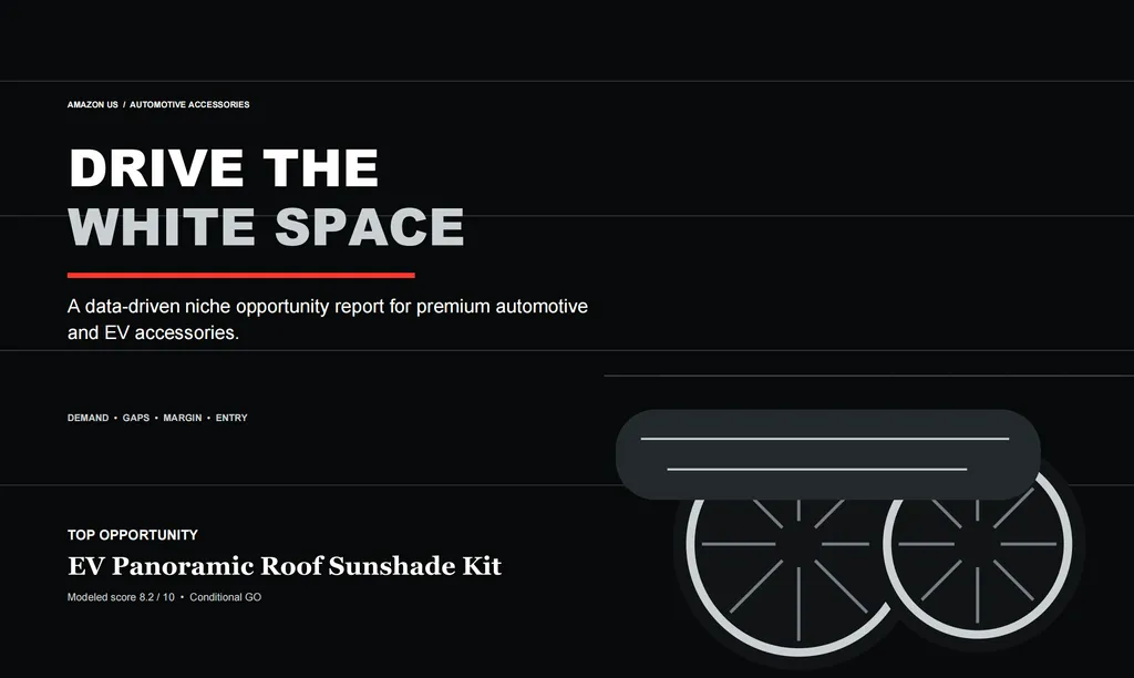 Cover page of an Amazon US niche opportunity report for automotive and electric vehicle accessories. The design uses a nearly black background with thin horizontal gray divider lines and a restrained red accent. At the top-left, small uppercase text reads 'AMAZON US / AUTOMOTIVE ACCESSORIES.' The large headline reads 'DRIVE THE' in white and 'WHITE SPACE' in light gray, followed by a red underline. Beneath it, the subtitle states, 'A data-driven niche opportunity report for premium automotive and EV accessories.' A small navigation line reads 'DEMAND • GAPS • MARGIN • ENTRY.' Near the lower-left, a section labeled 'TOP OPPORTUNITY' identifies 'EV Panoramic Roof Sunshade Kit,' followed by 'Modeled score 8.2 / 10 • Conditional GO.' The lower-right features a large minimalist vector illustration resembling a panoramic vehicle roof or sunshade mechanism, constructed from dark gray rounded panels, circular components, thin spokes, and light gray outlines. Sophisticated monochrome editorial layout with bold sans-serif typography, subtle technical graphics, generous negative space, and a premium automotive market research aesthetic.