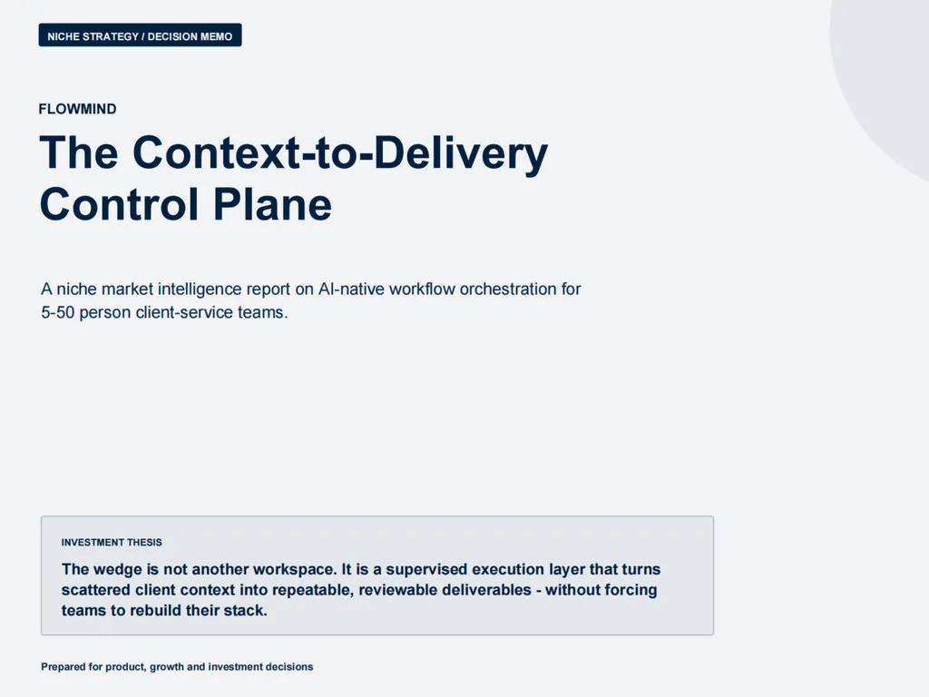 A FlowMind strategy slide titled 'The Context-to-Delivery Control Plane' describing a niche market intelligence report for AI-native workflow orchestration in 5–50 person client-service teams. The layout presents a large bold headline centered on the concept of a control plane that transforms scattered client context into structured, repeatable deliverables. Below the title is an investment thesis box stating that the product is not another workspace but a supervised execution layer that converts fragmented context into reviewable outputs without requiring teams to rebuild their existing tool stack. The design uses minimal light-gray background, strong typographic hierarchy, and VC-style framing intended for product and investment decision-making.