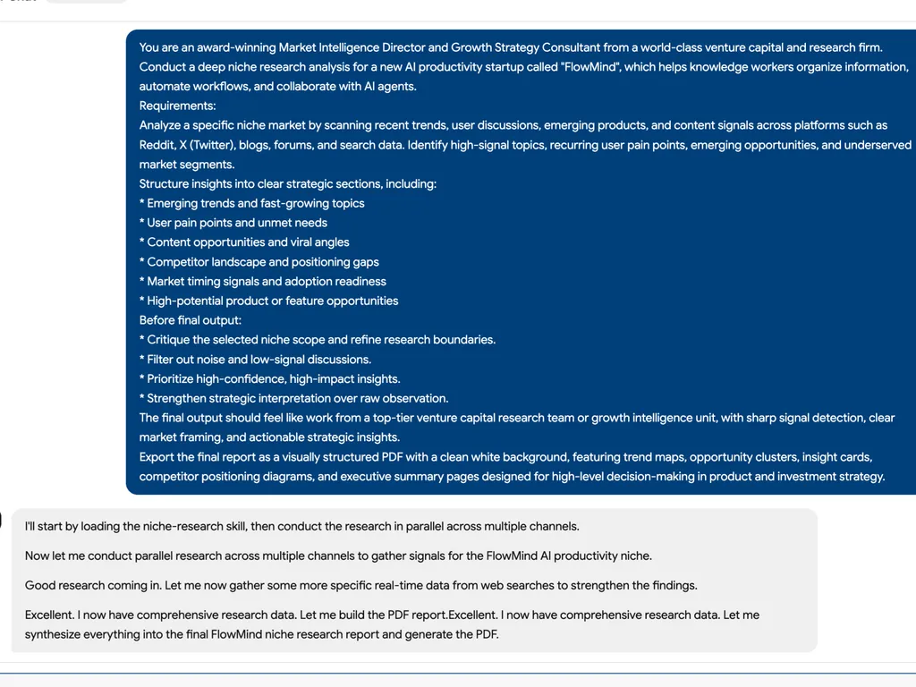 A FlowMind product concept slide showing a large blue prompt interface for an AI market intelligence system. The screen contains a detailed instruction prompt for an AI agent acting as a market intelligence director, describing requirements such as analyzing niche markets, scanning Reddit, X (Twitter), blogs, forums, and search data, and structuring insights into trends, user pain points, content opportunities, competitor gaps, and adoption signals. It emphasizes producing a structured VC-style research report with high-confidence insights and exportable PDF output. The layout resembles a strategy or prompt engineering documentation page with white margins and dense blue text blocks, conveying an enterprise AI research workflow design.