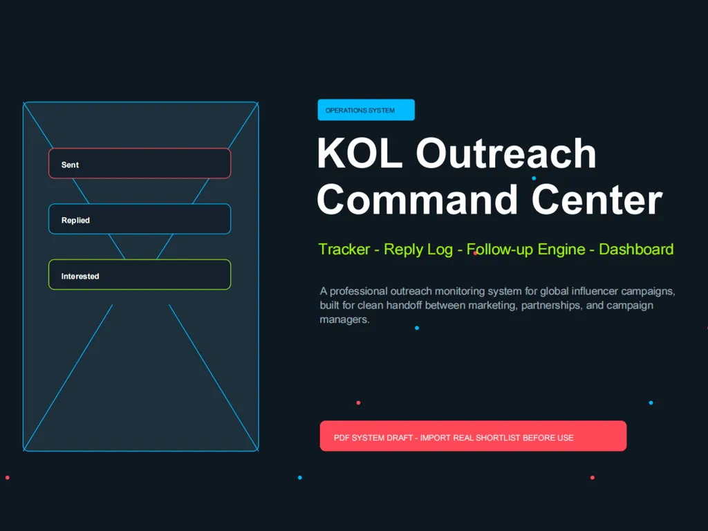 Marketing slide titled 'KOL Outreach Command Center' under a blue 'OPERATIONS SYSTEM' tag. Left side shows a stylized diagram with three status boxes: 'Sent' (red border), 'Replied' (blue border), 'Interested' (green border), connected by lines inside a larger outlined container. Right side features bold headline, green subheading 'Tracker - Reply Log - Follow-up Engine - Dashboard', descriptive text: 'A professional outreach monitoring system for global influencer campaigns, built for clean handoff between marketing, partnerships, and campaign managers.' Bottom contains a prominent pink button labeled 'PDF SYSTEM DRAFT - IMPORT REAL SHORTLIST BEFORE USE'. Dark background with scattered red and blue dots as decorative elements.