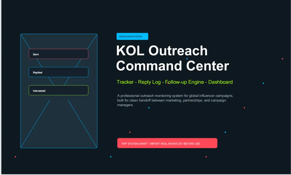 Dashboard overview of the 'KOL Outreach Command Center' operations system. Features a status flow diagram (Sent, Replied, Interested), highlights modules (Tracker, Reply Log, Follow-up Engine, Dashboard), and includes a CTA button for importing a real shortlist into the PDF system draft.