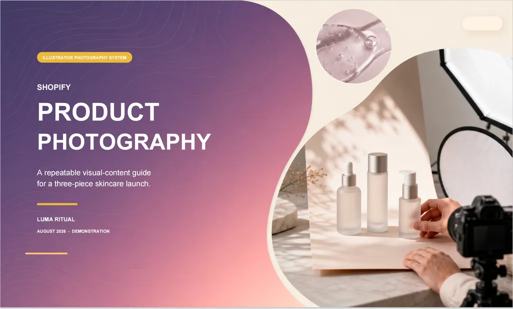 A purple and pink presentation cover introduces a repeatable Shopify product photography system for a three-piece skincare launch.